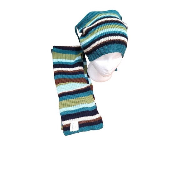 Charter Club Striped Knit Hat & Scarf Set Teal/Green/Brown One Size Acrylic/Cott - Picture 1 of 6